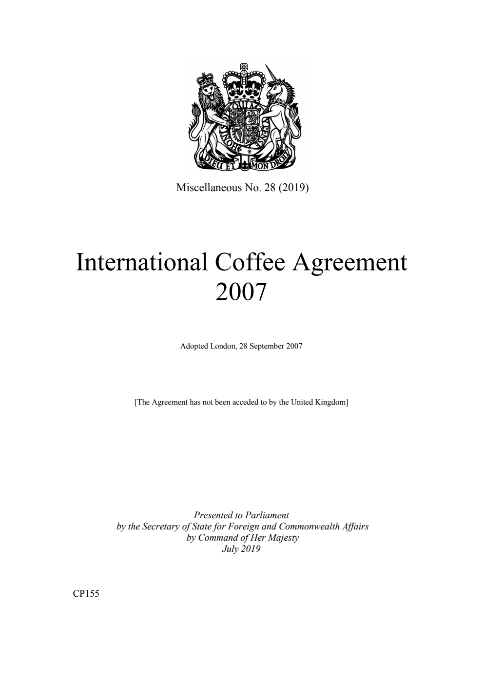 Miscellaneous No. 28 (2019) International Coffee Agreement 2007. Adopted London, 28 September 2007