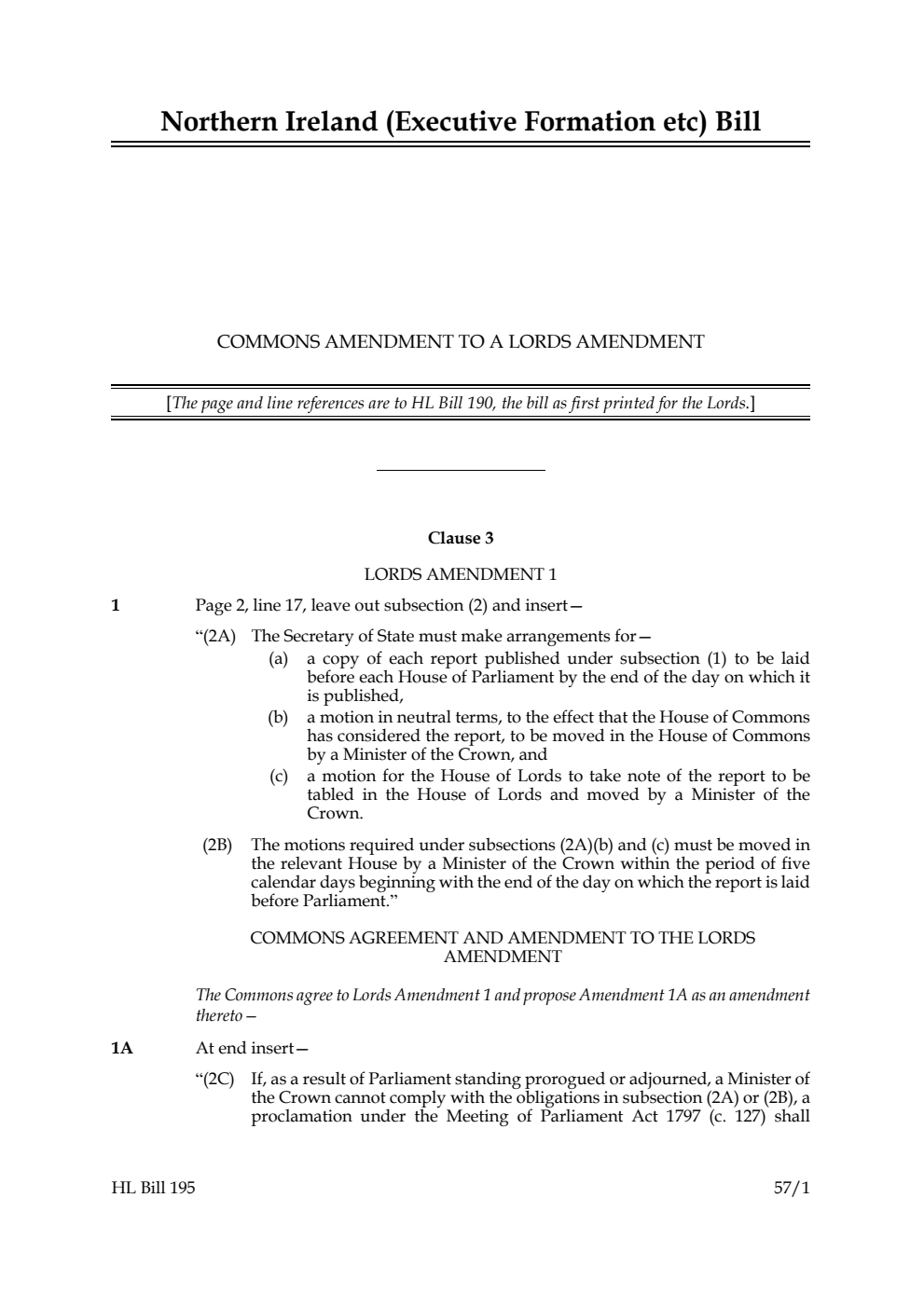 Northern Ireland (Executive Formation etc.) Bill Commons Amendment to a Lords Amendment