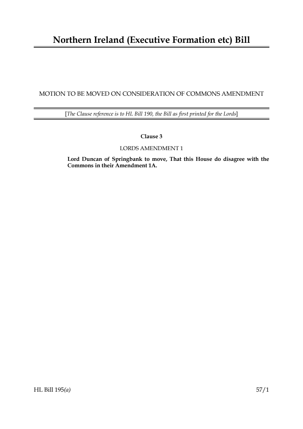 Northern Ireland (Executive Formation etc.) Bill Motion to be moved on consideration of Commons amendment