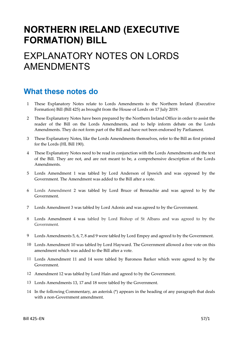 Northern Ireland (Executive Formation) Bill Explanatory Notes on Lords Amendments