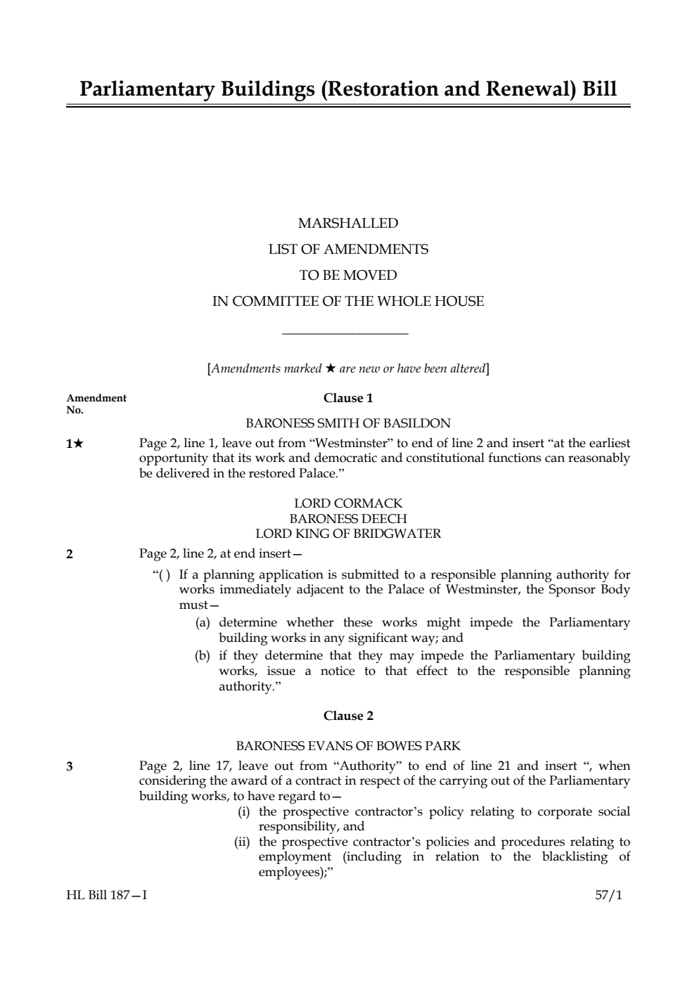 Parliamentary Buildings (Restoration and Renewal) Bill Marshalled List of Amendments to be moved in Committee of the Whole House