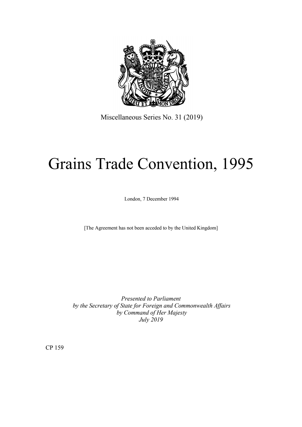 Miscellaneous Series No. 31 (2019) Grains Trade Convention, 1995. London, 7 December 1994