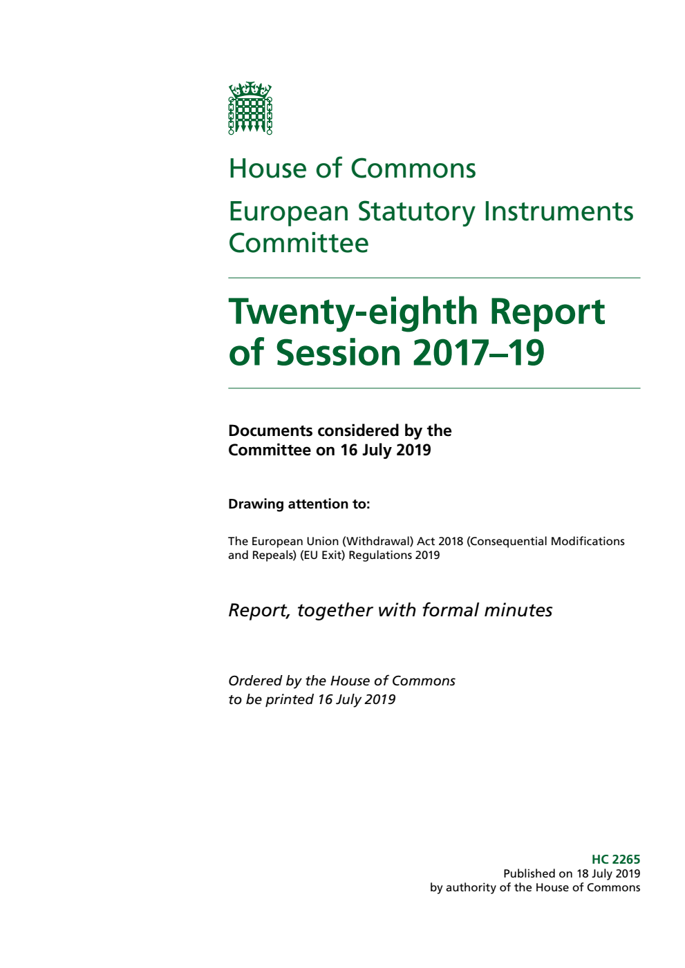 European Statutory Instruments Committee 28th Report of Session 2017-19