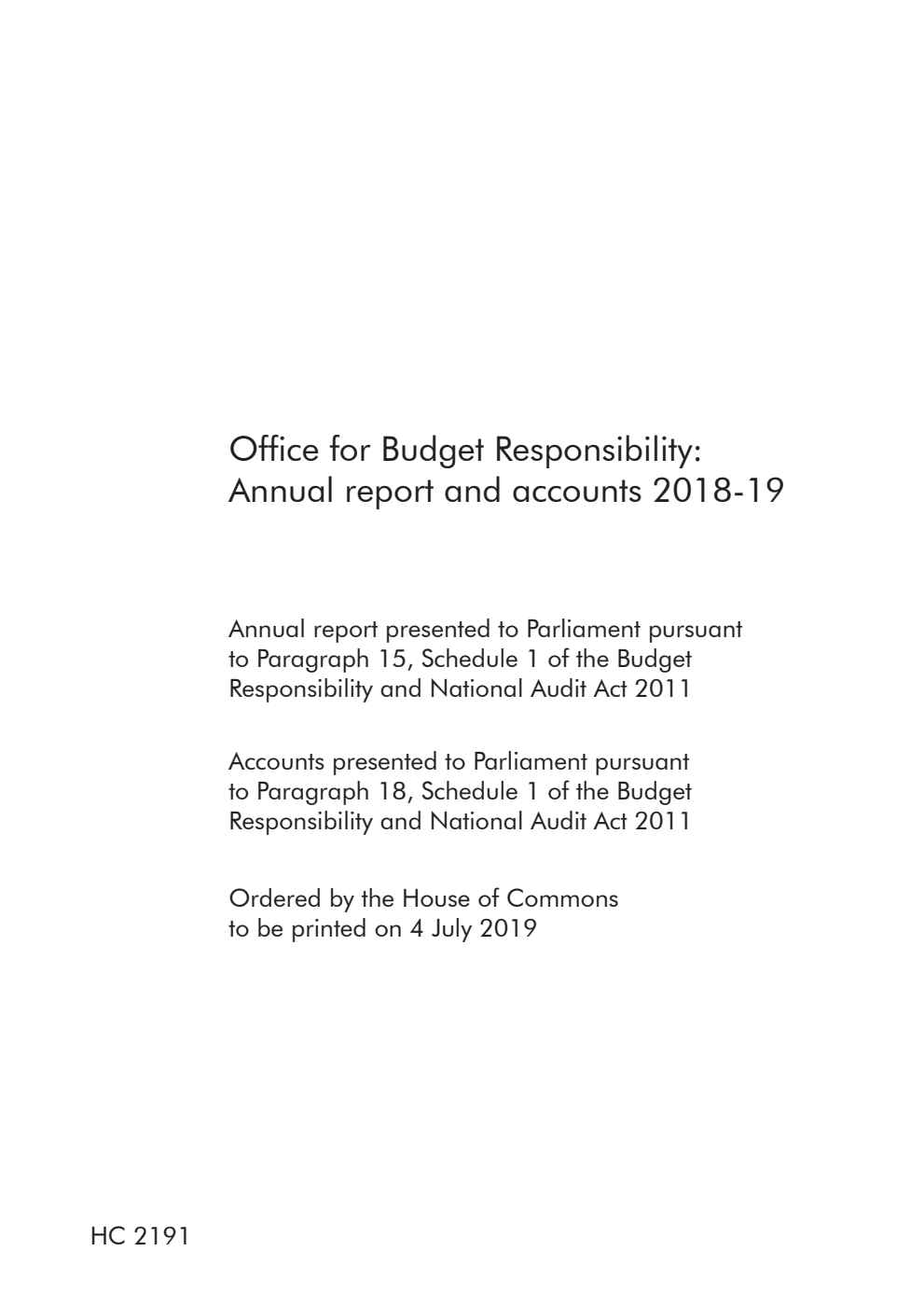 Office for Budget Responsibility: Annual report and accounts 2018-19