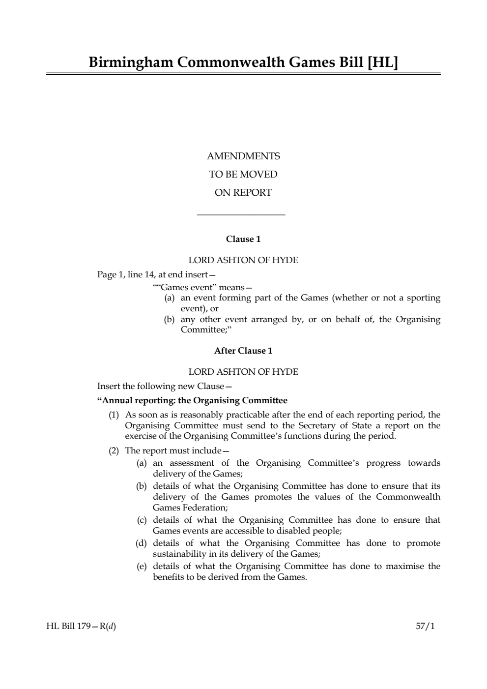 Birmingham Commonwealth Games Bill Amendments to be moved on report