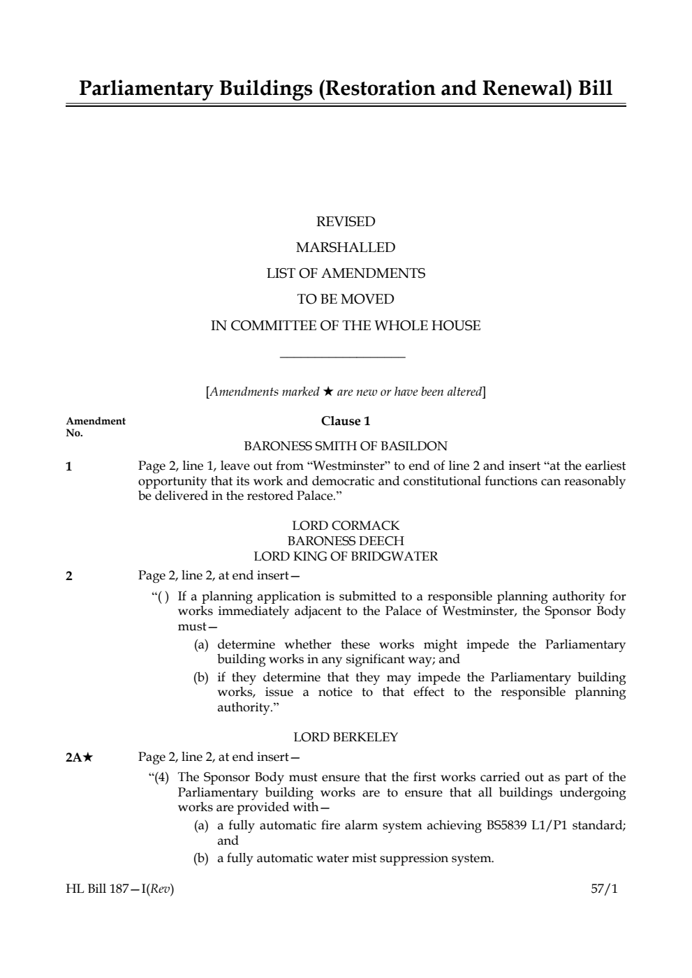 Parliamentary Buildings (Restoration and Renewal) Bill Revised Marshalled List of Amendments to be moved in Committee of the Whole House