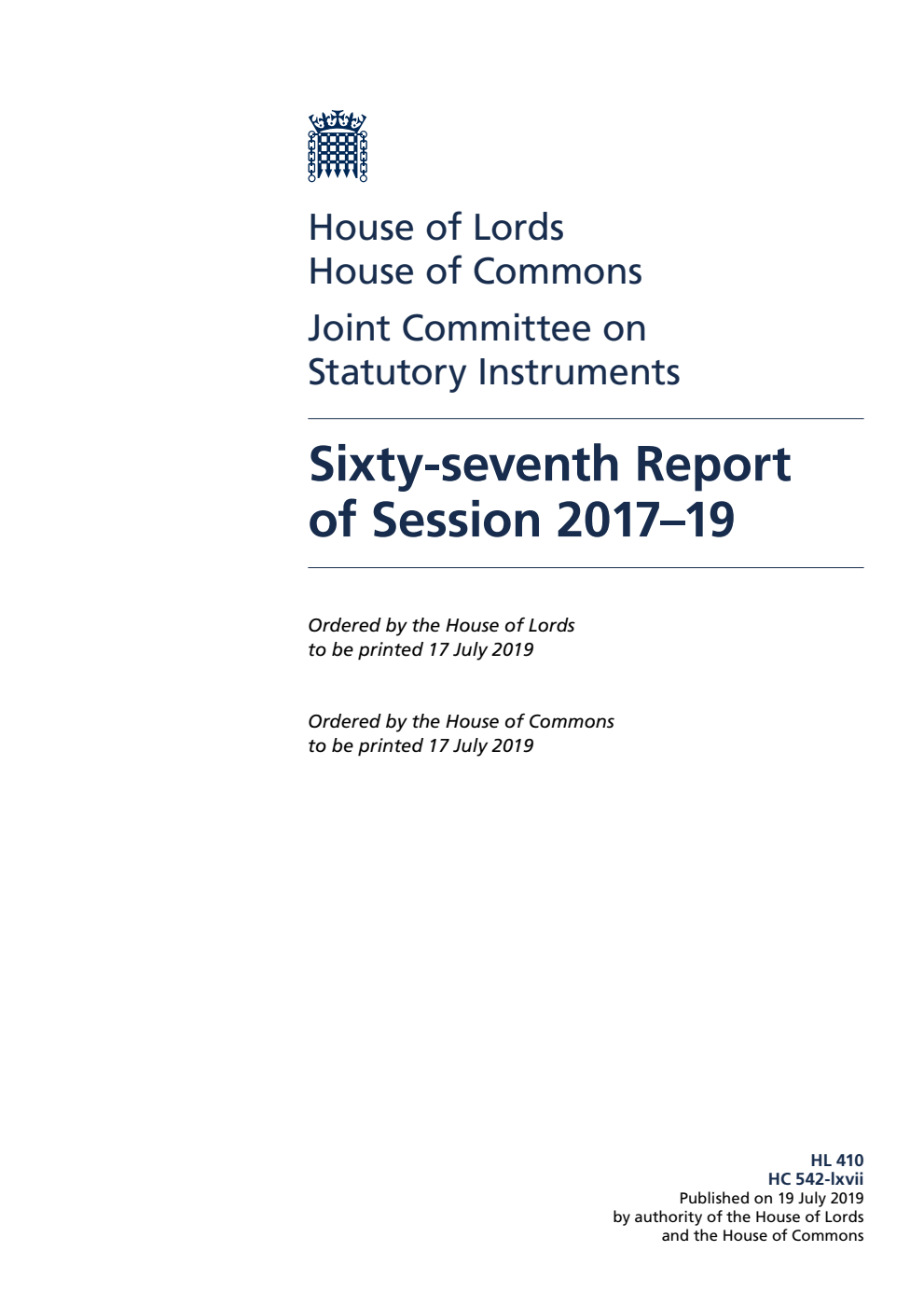 Joint Committee on Statutory Instruments 67th Report of Session 2017–19