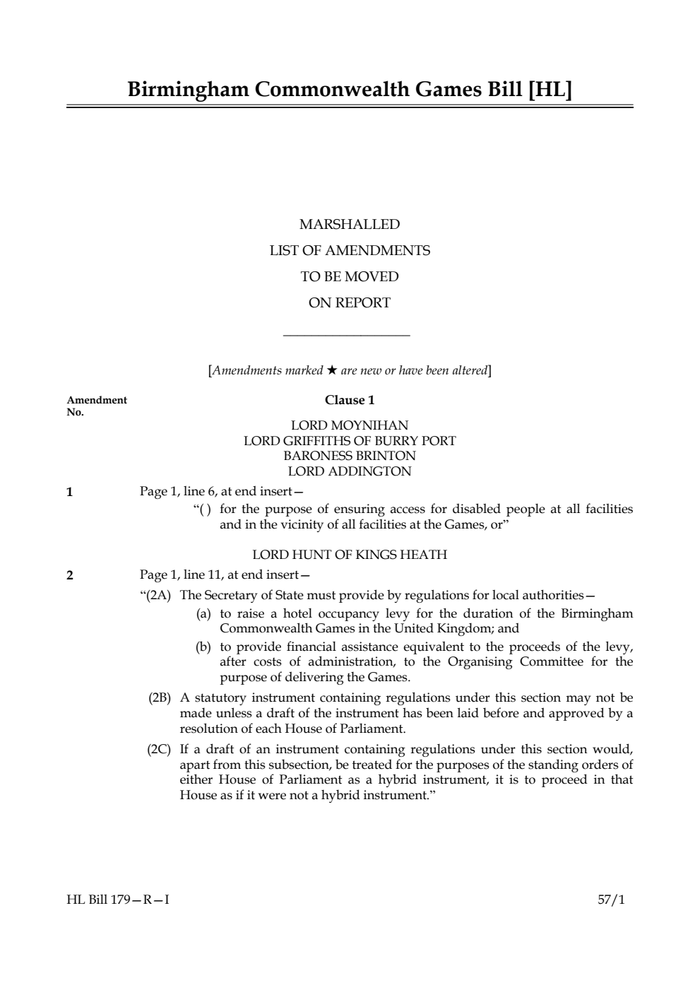 Birmingham Commonwealth Games Bill Marshalled List of Amendments to be moved on report