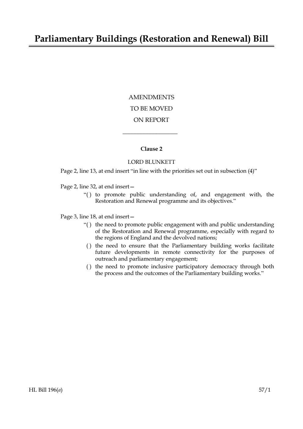 Parliamentary Buildings (Restoration and Renewal) Bill Amendments to be moved on report