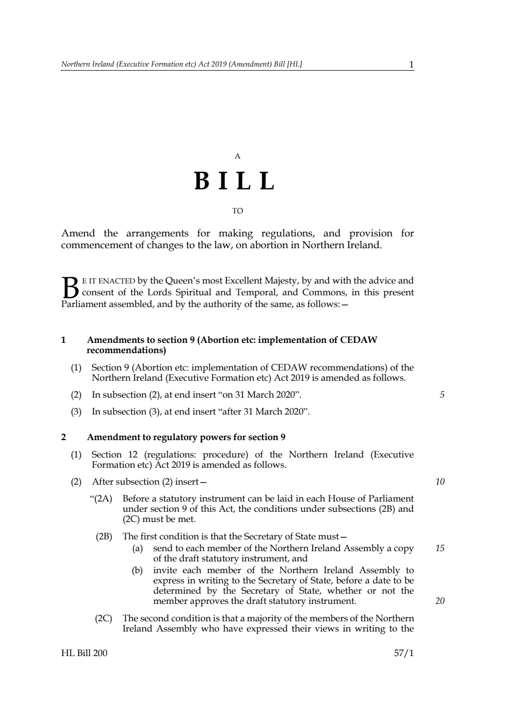 Northern Ireland (Executive Formation etc) Act 2019 (Amendment) Bill