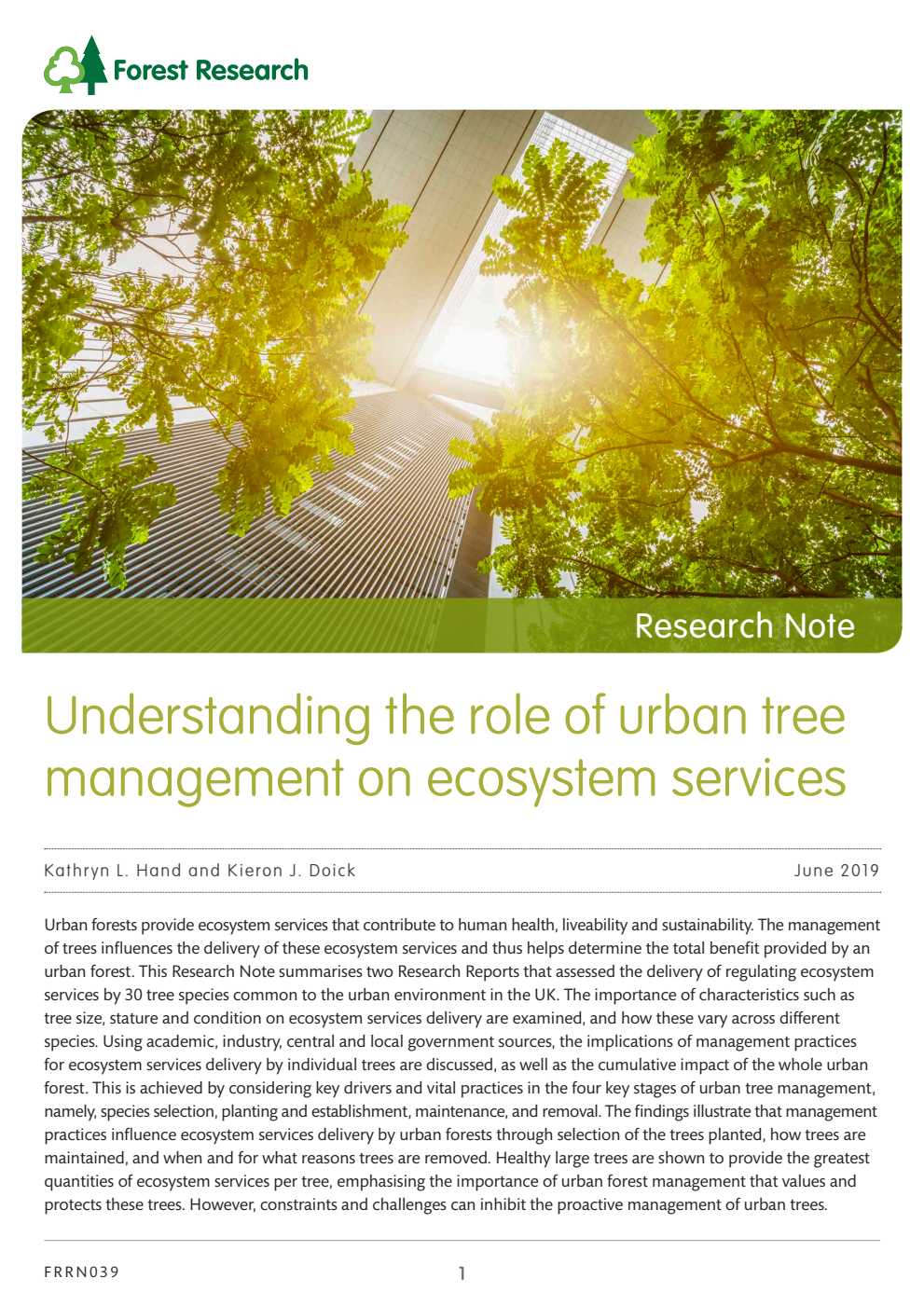 Forestry Commission Research Note 039 Understanding the role of urban tree management on ecosystem services