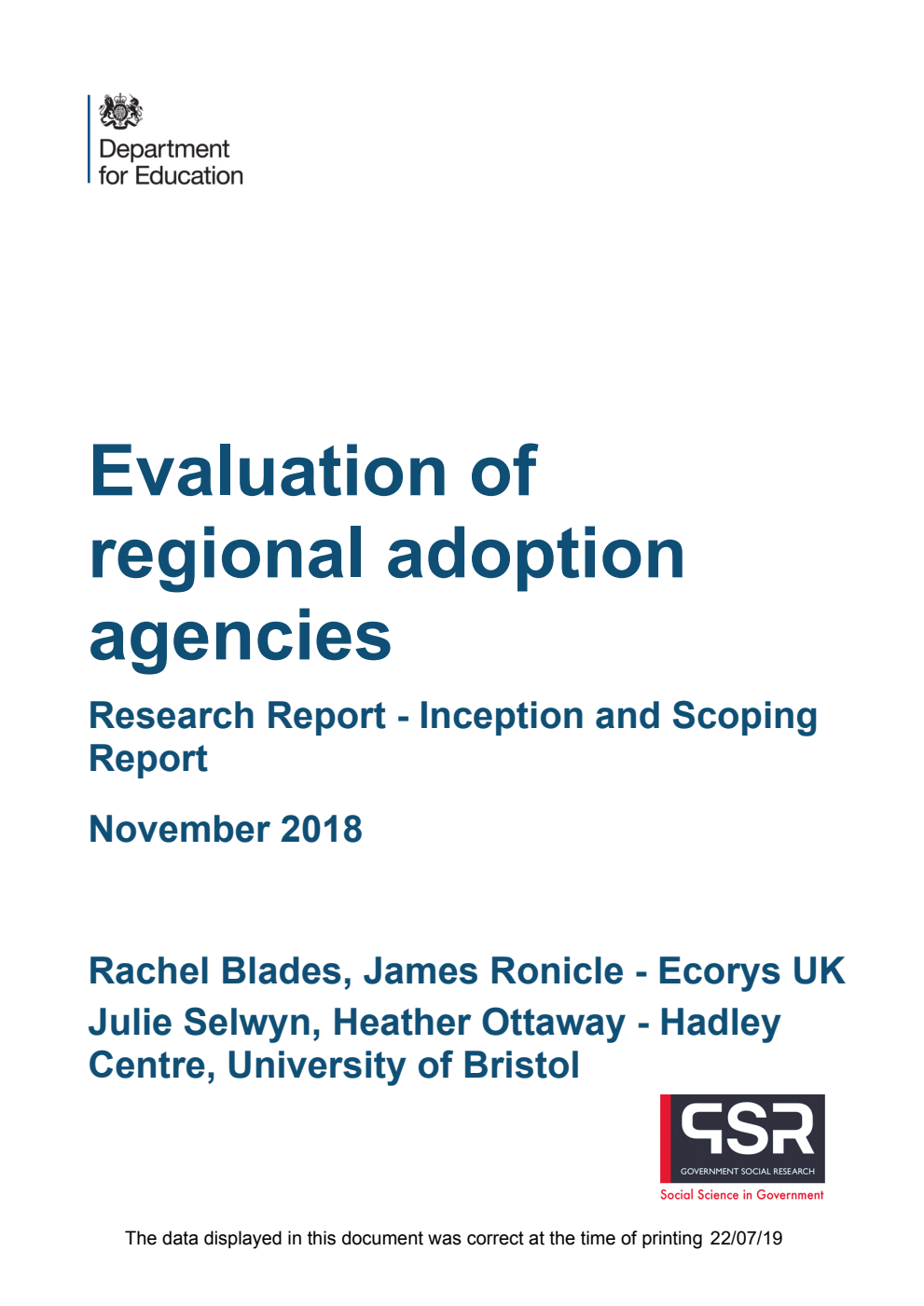 DFE RR855 Evaluation of regional adoption agencies: Research Report - Inception and Scoping Report November 2018