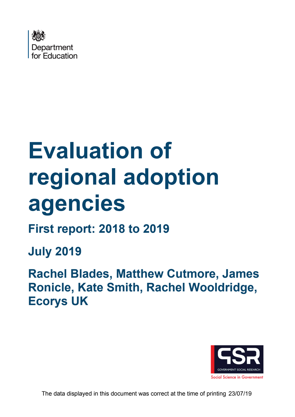 DFE-RR944 Evaluation of regional adoption agencies First report 2018 to 2019 : July 2019