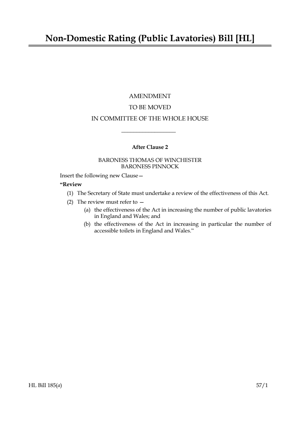 Non-Domestic Rating (Public Lavatories) Bill Amendment to be moved in Committee of the Whole House