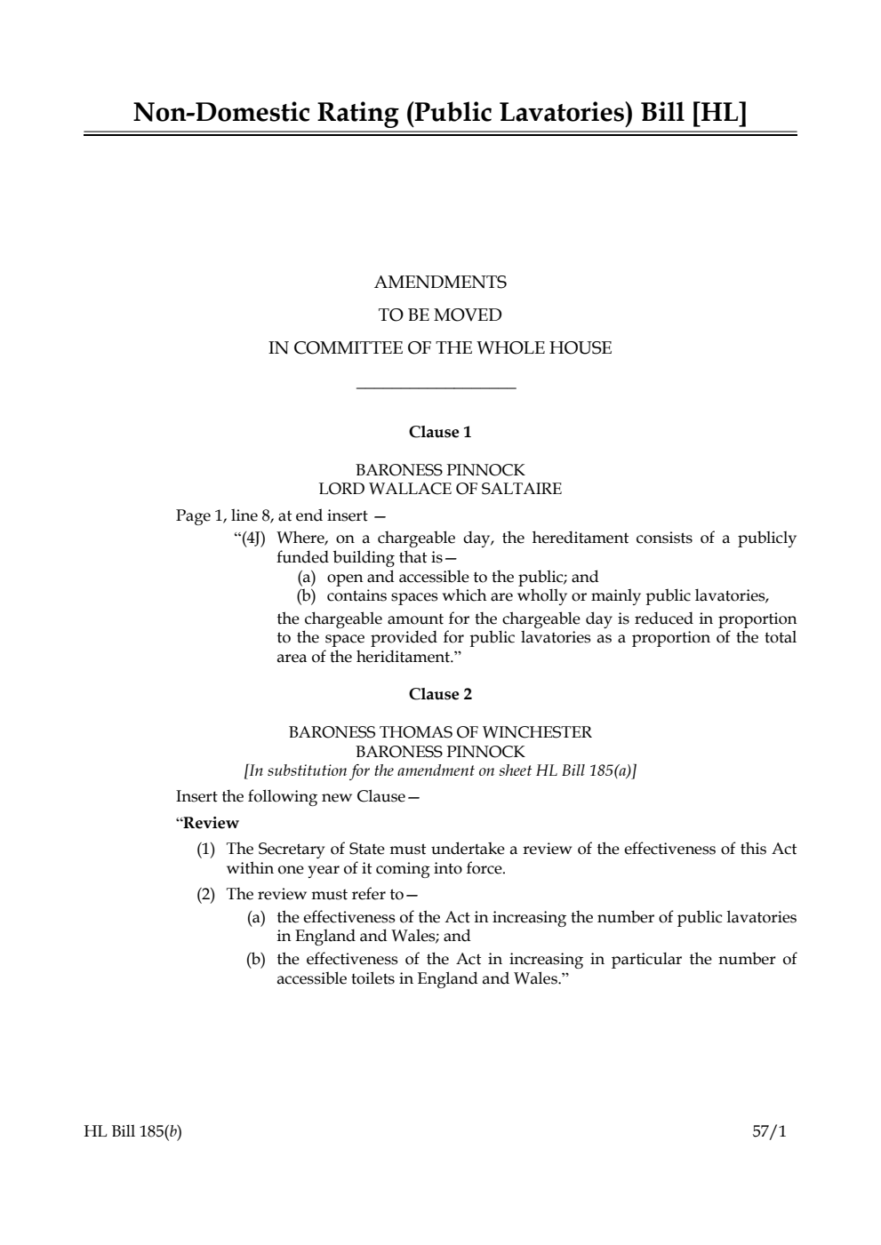 Non-Domestic Rating (Public Lavatories) Bill Amendments to be moved in Committee of the Whole House