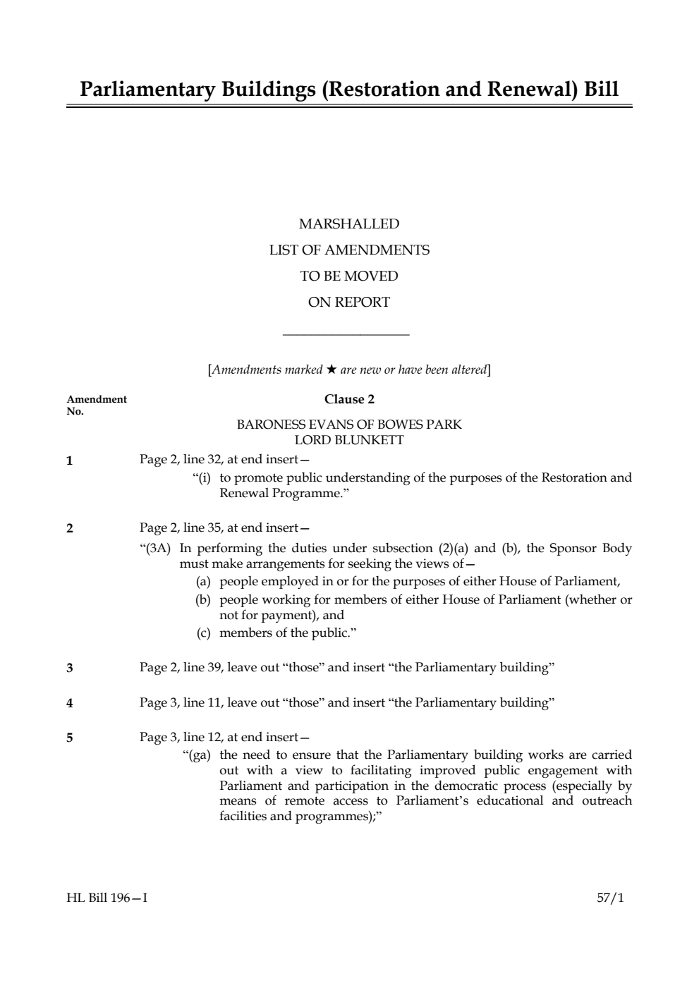 Parliamentary Buildings (Restoration and Renewal) Bill Marshalled List of Amendments to be moved on report