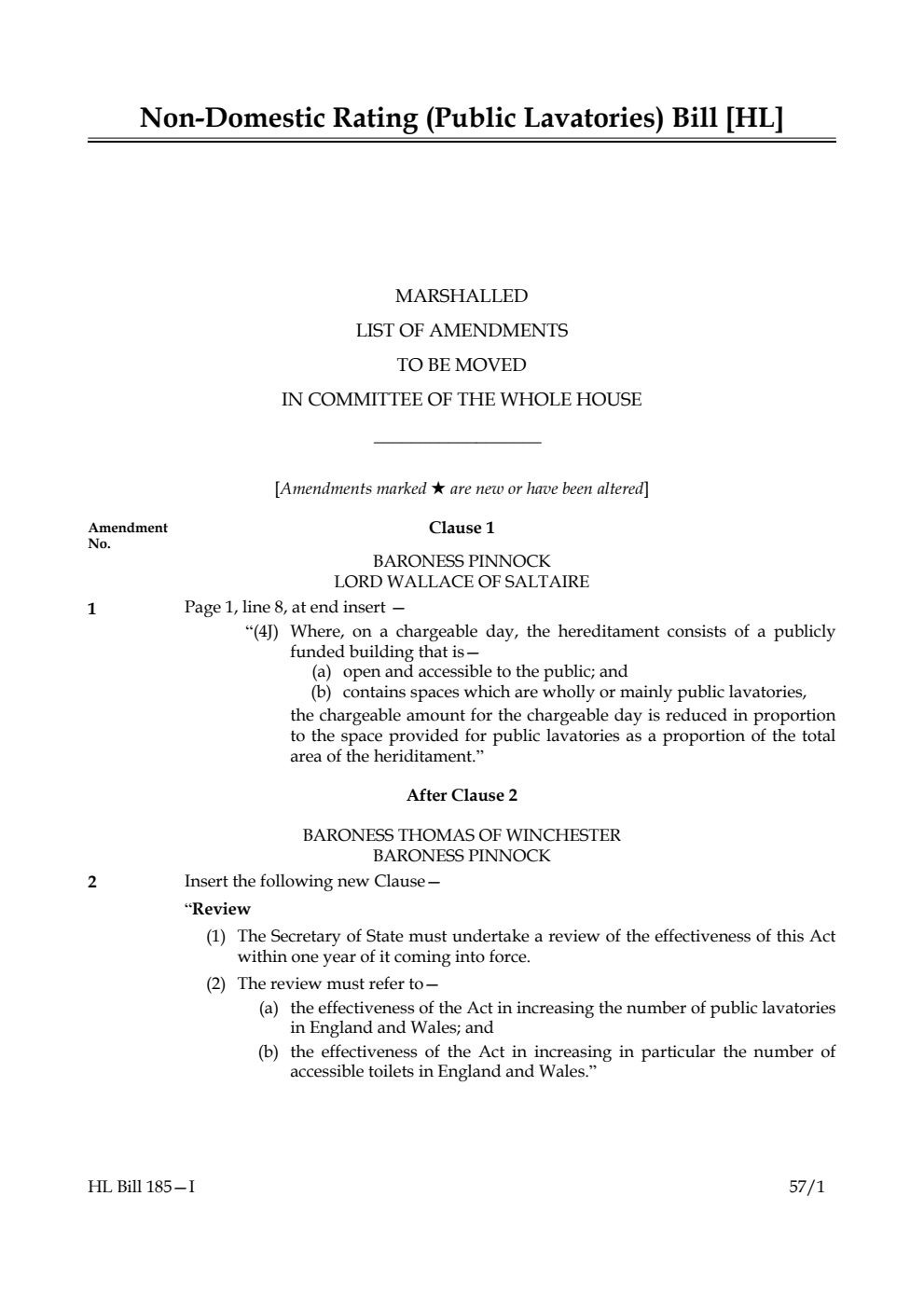 Non-Domestic Rating (Public Lavatories) Bill Marshalled List of Amendments to be moved in Committee of the Whole House