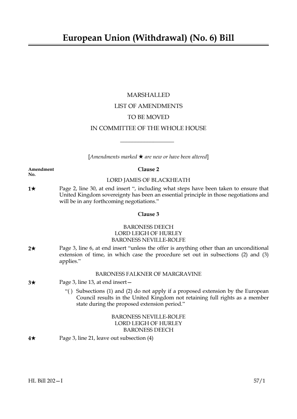 European Union (Withdrawal) (No. 6) Bill Marshalled List of Amendments to be moved in Committee of the Whole House