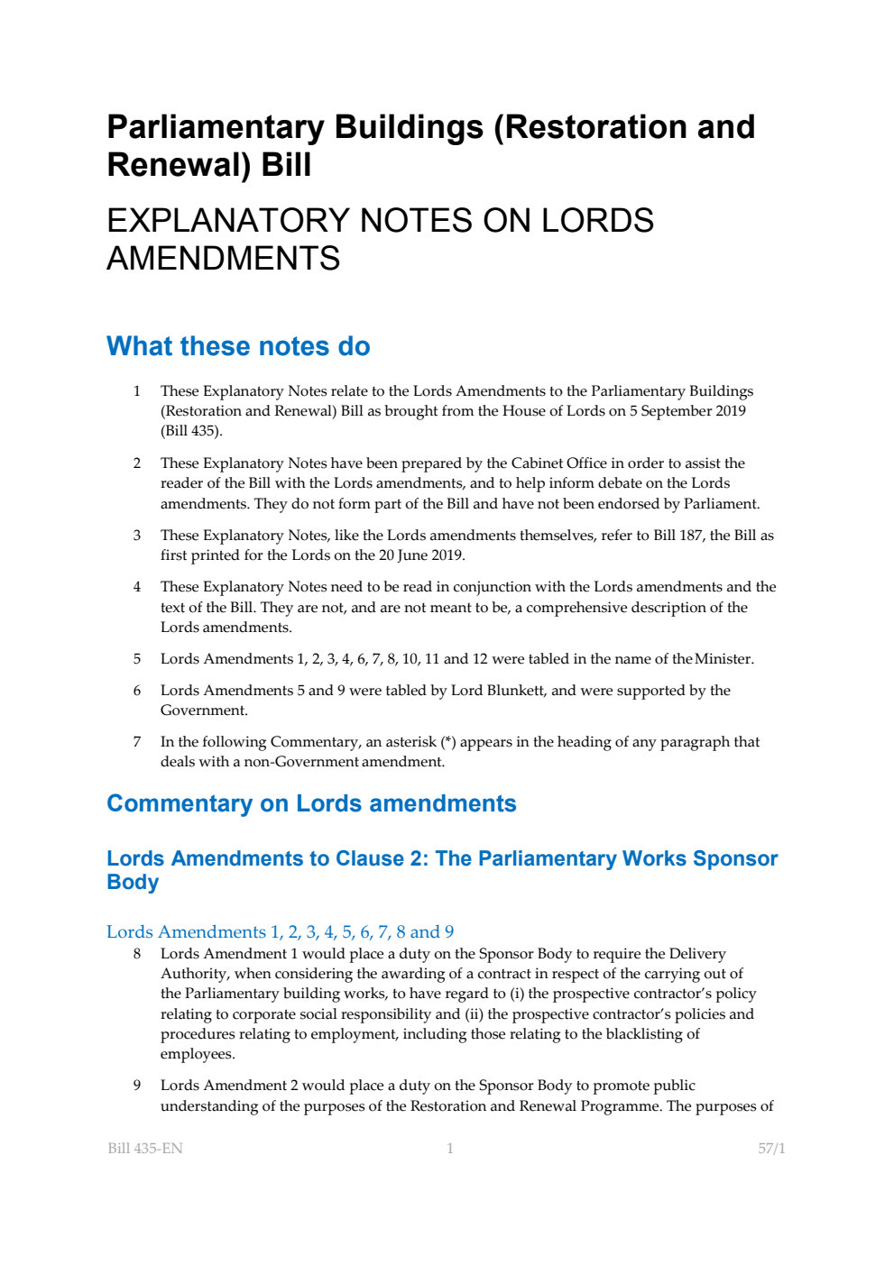 Parliamentary Buildings (Restoration and Renewal) Bill Explanatory Notes on Lords Amendments
