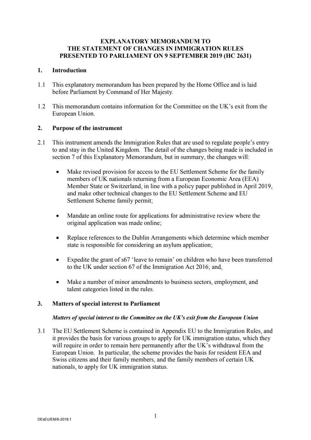 Explanatory Memorandum to the Statement of Changes in Immigration Rules