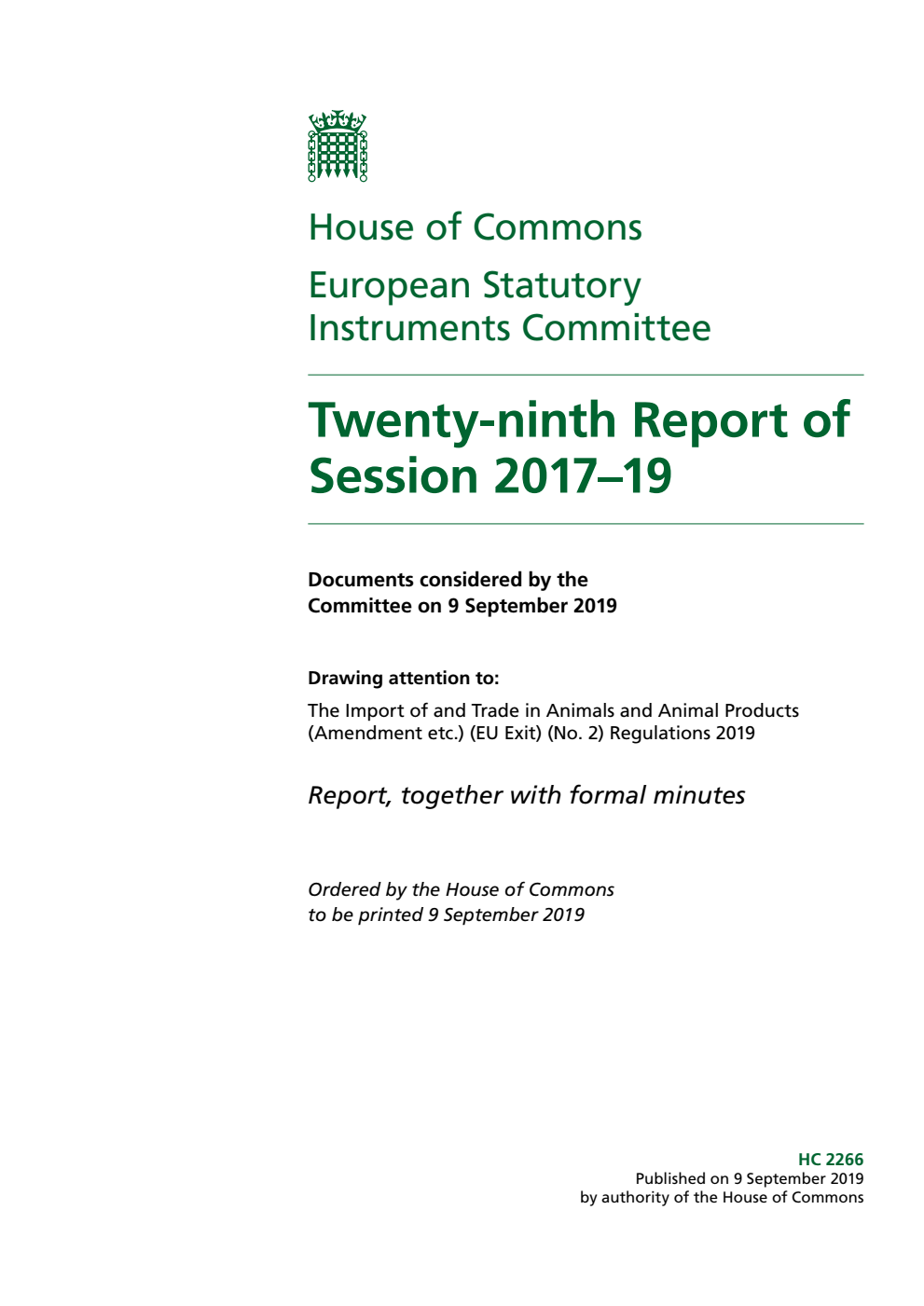 European Statutory Instruments Committee 29th Report of Session 2017-19