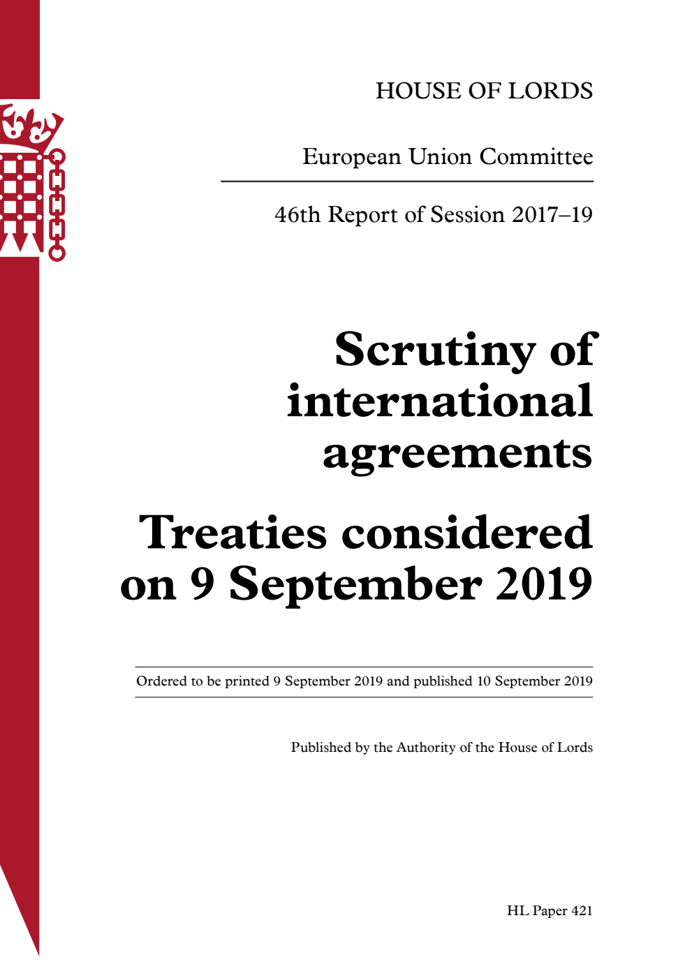 European Union Committee 46th Report. Scrutiny of international agreements. Treaties considered on 9 September 2019