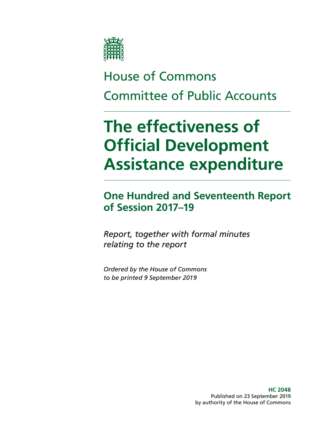 Public Accounts Committee 117th Report. The effectiveness of Official Development Assistance expenditure Volume 1. Report
