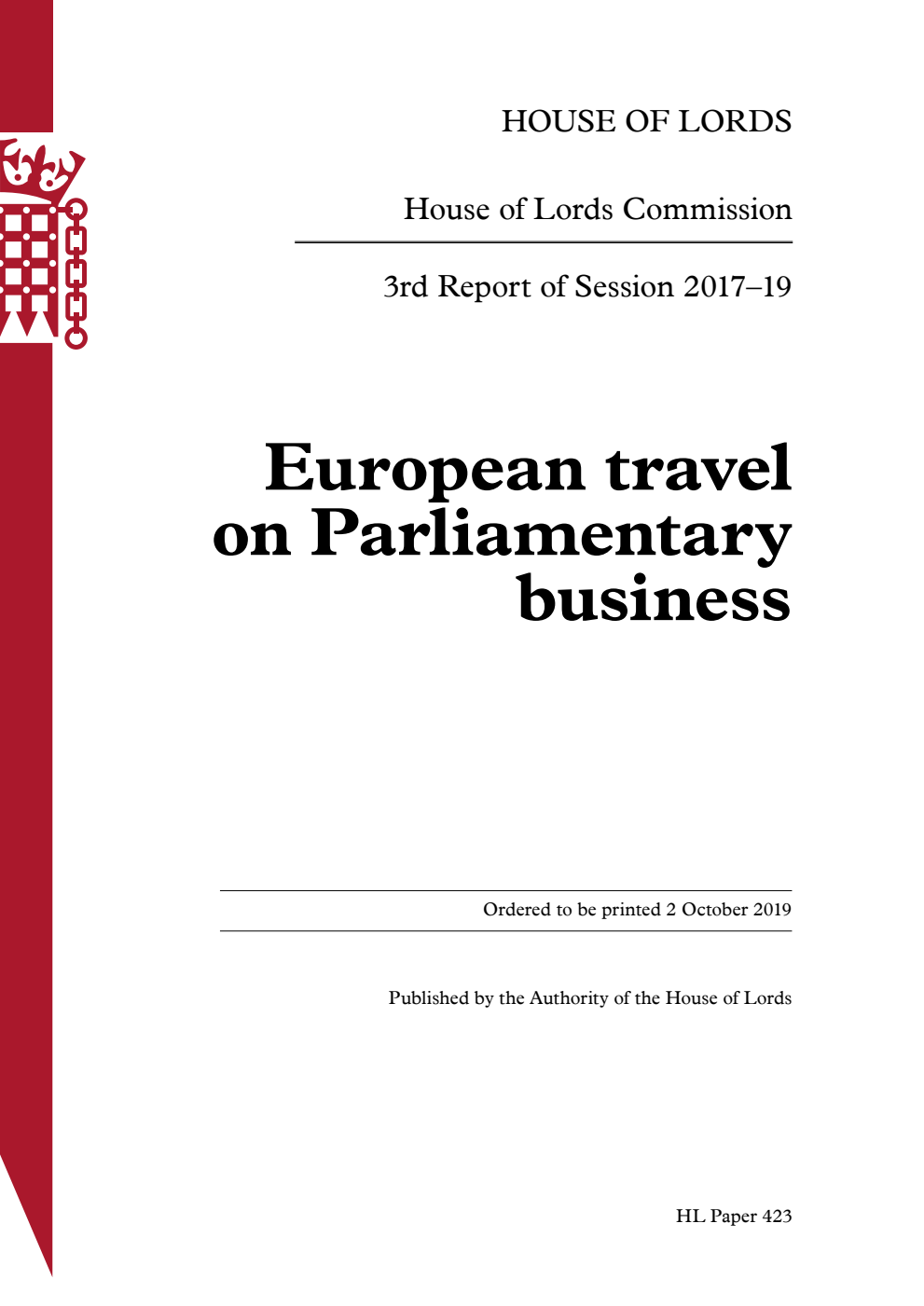 House of Lords Commission 3rd Report. European travel on Parliamentary business