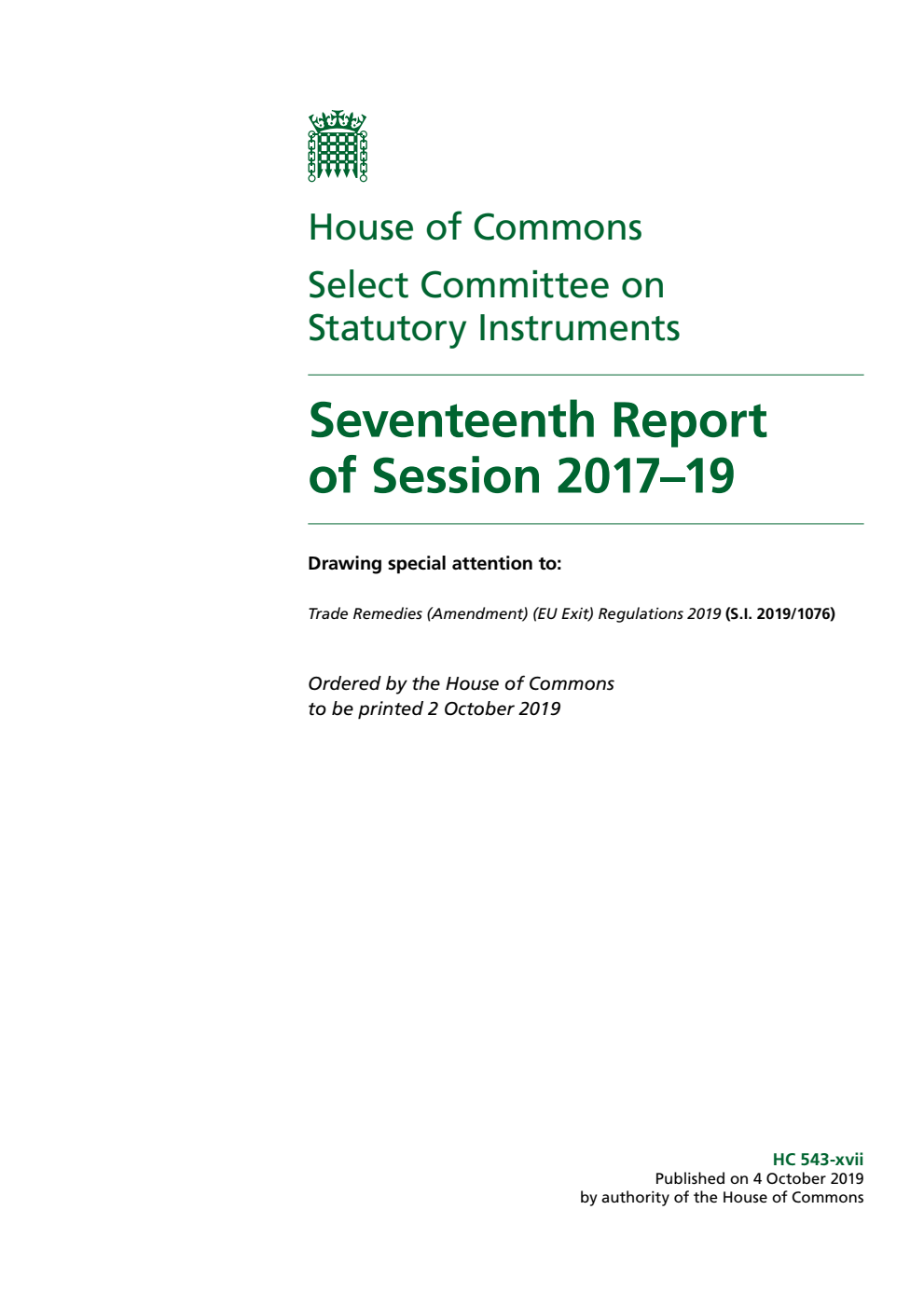 Statutory Instruments Committee 17th Report of Session 2017–19