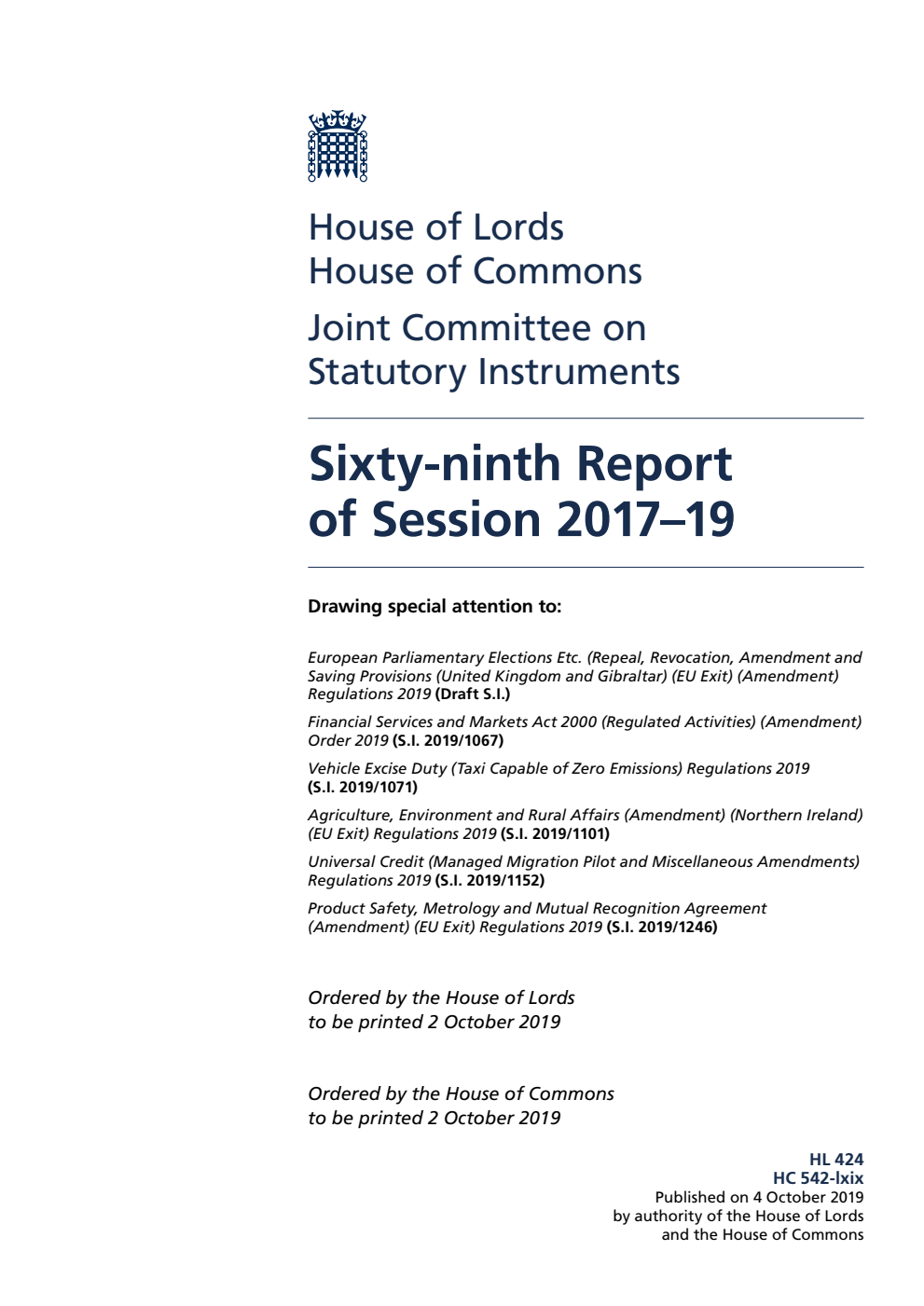 Joint Committee on Statutory Instruments 69th Report of Session 2017–19