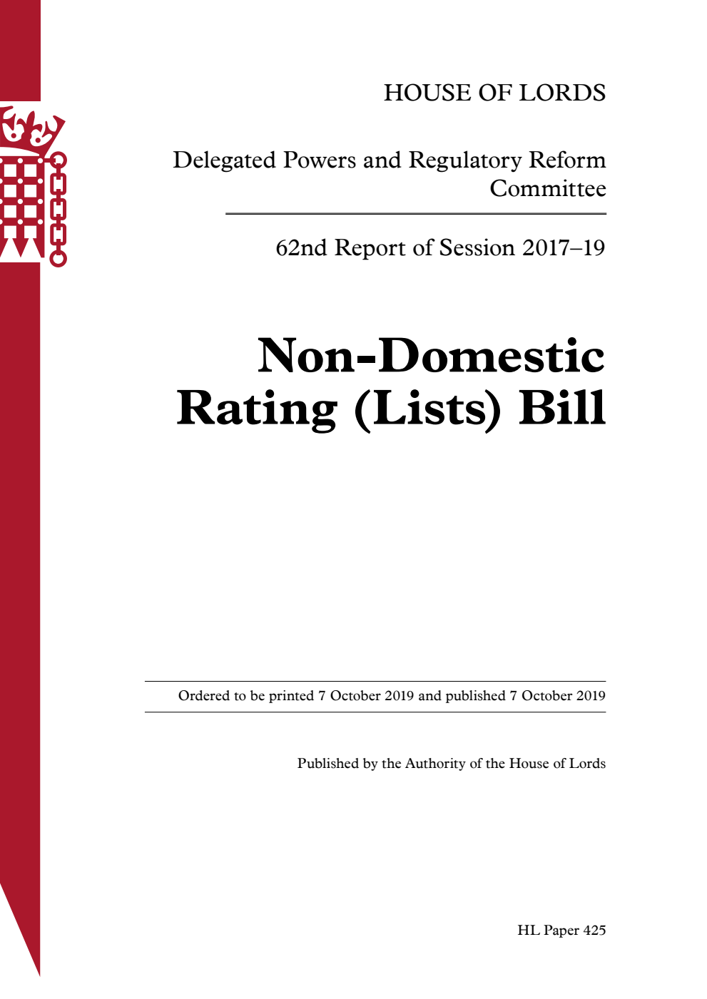Delegated Powers and Regulatory Reform Committee 62nd Report. Non-Domestic Rating (Lists) Bill