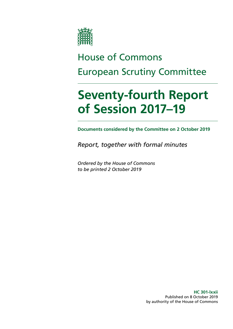 European Scrutiny Committee 74th Report of Session 2017–19