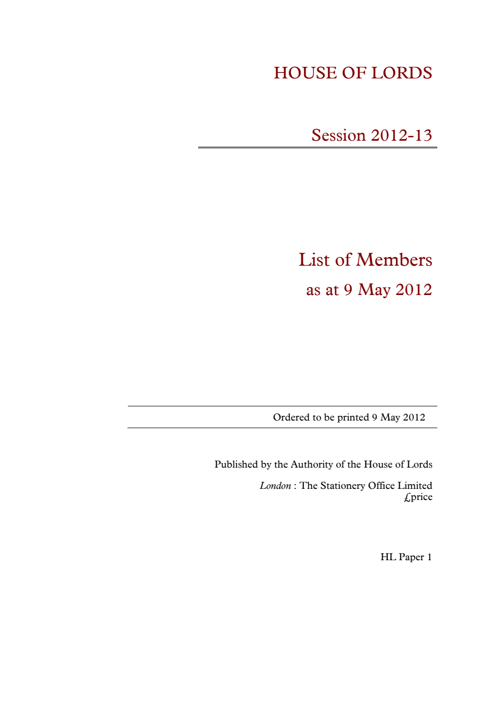 House of Lords: List of Members as at 9 May 2012