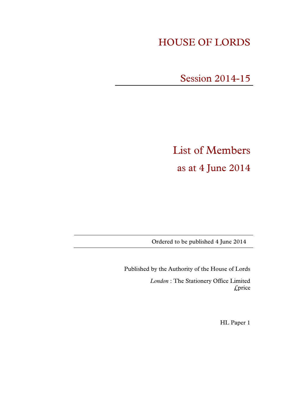House of Lords: List of Members as at 4 June 2014