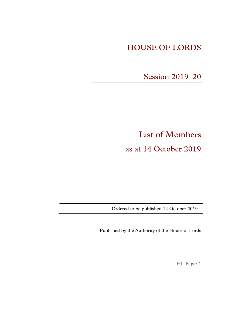 House of Lords: List of Members as at 14 October 2019