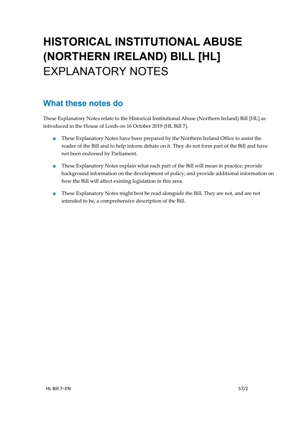 Historical Institutional Abuse (Northern Ireland) Bill Explanatory Notes