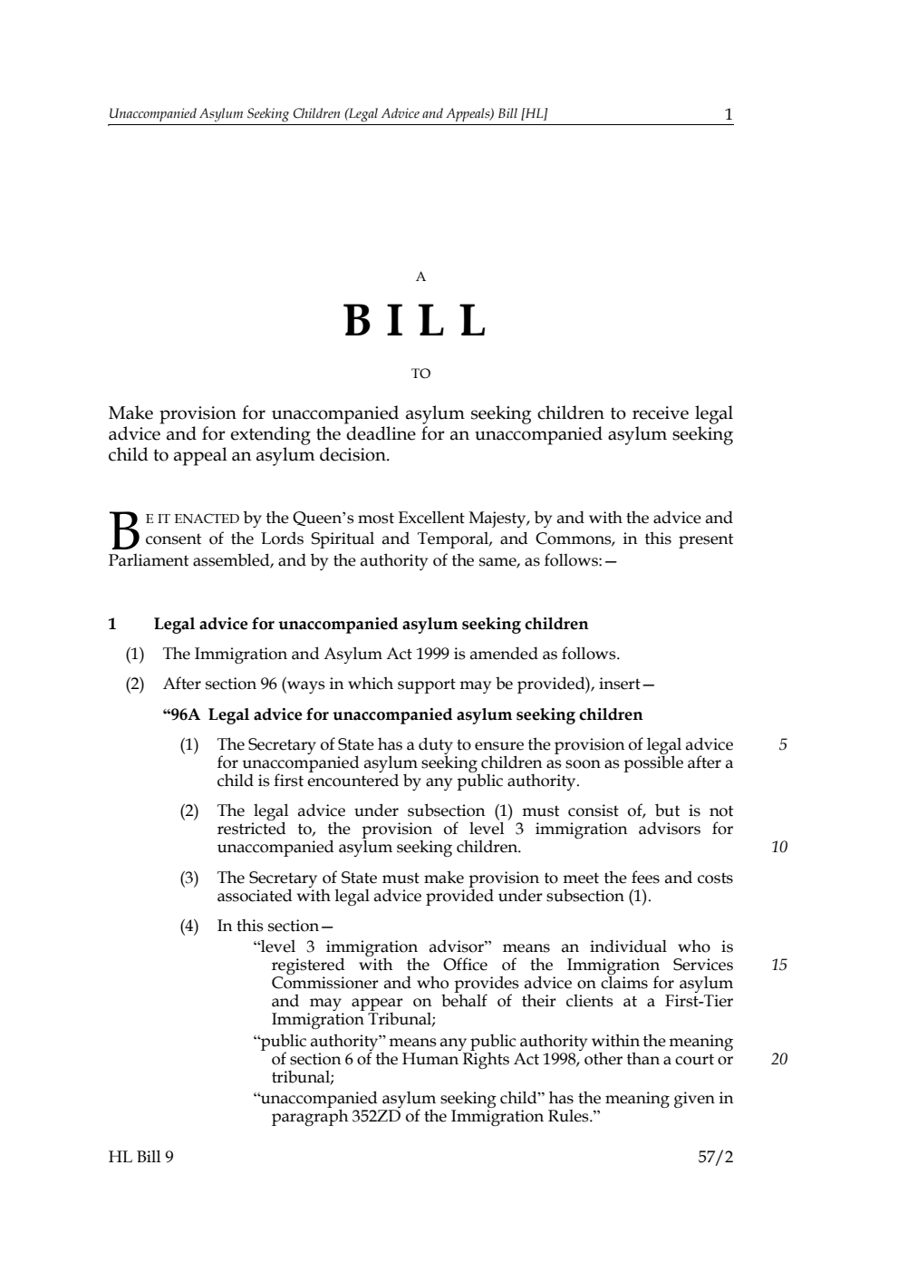 Unaccompanied Asylum Seeking Children (Legal Advice and Appeals) Bill