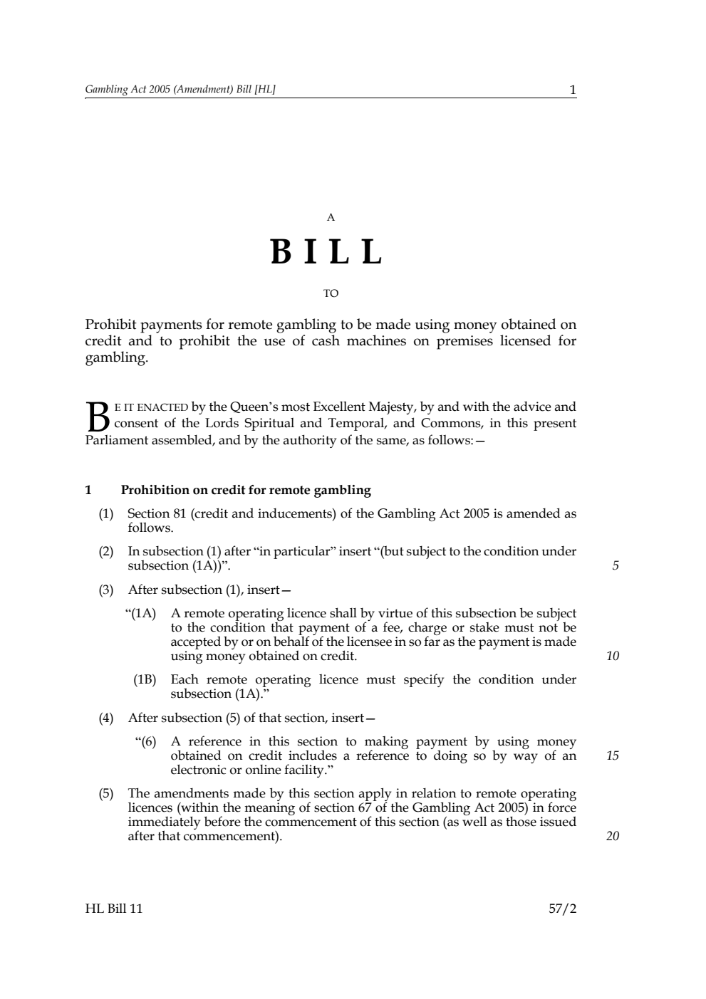 Gambling Act 2005 (Amendment) Bill