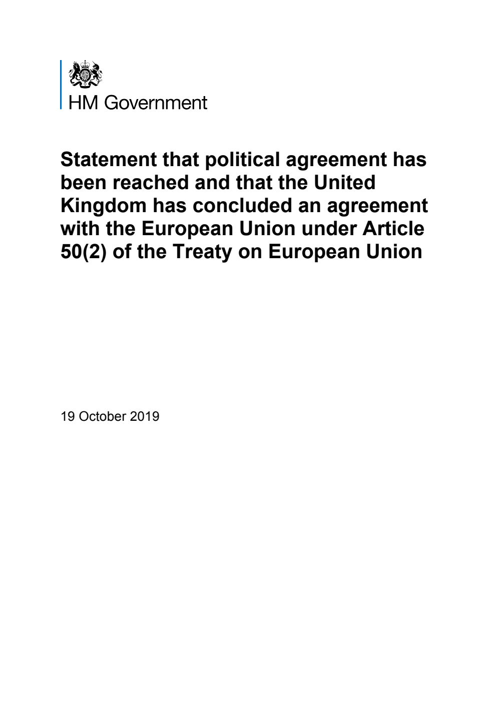 Statement that political agreement has been reached and that the United Kingdom has concluded an agreement with the European Union under Article 50(2) of the Treaty on European Union