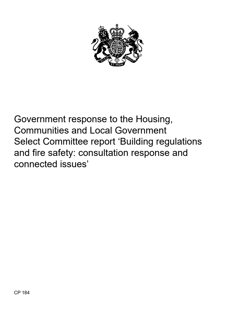 Government response to the Housing, Communities and Local Government Select Committee report ‘Building regulations and fire safety: consultation response and connected issues’