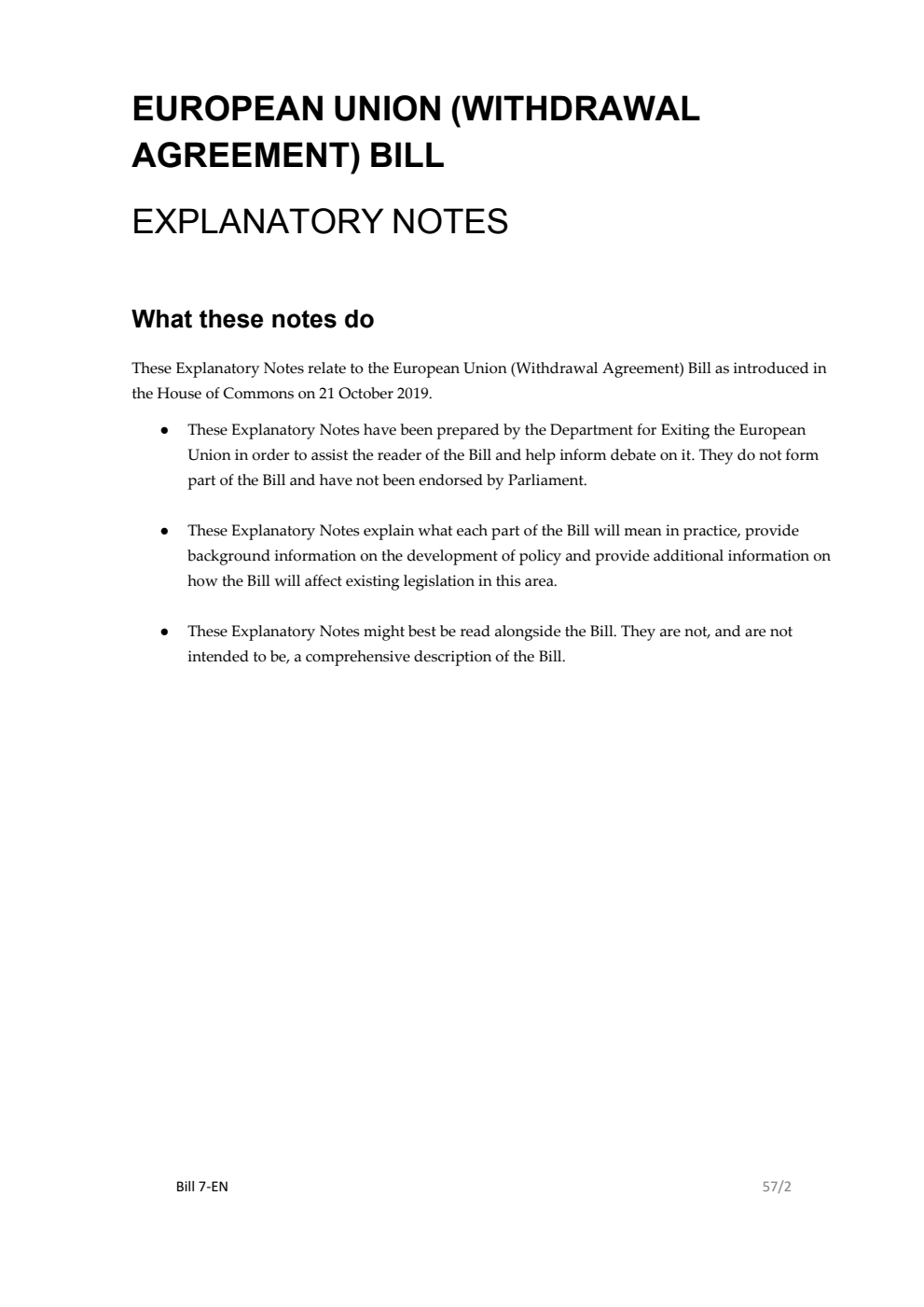 European Union (Withdrawal Agreement) Bill Explanatory Notes