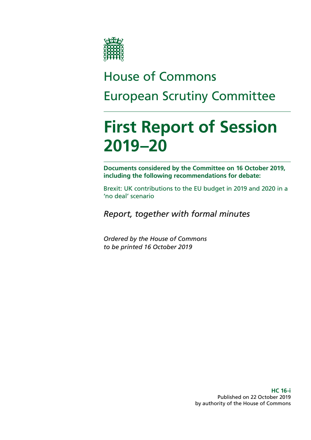 European Scrutiny Committee 1st Report of Session 2019