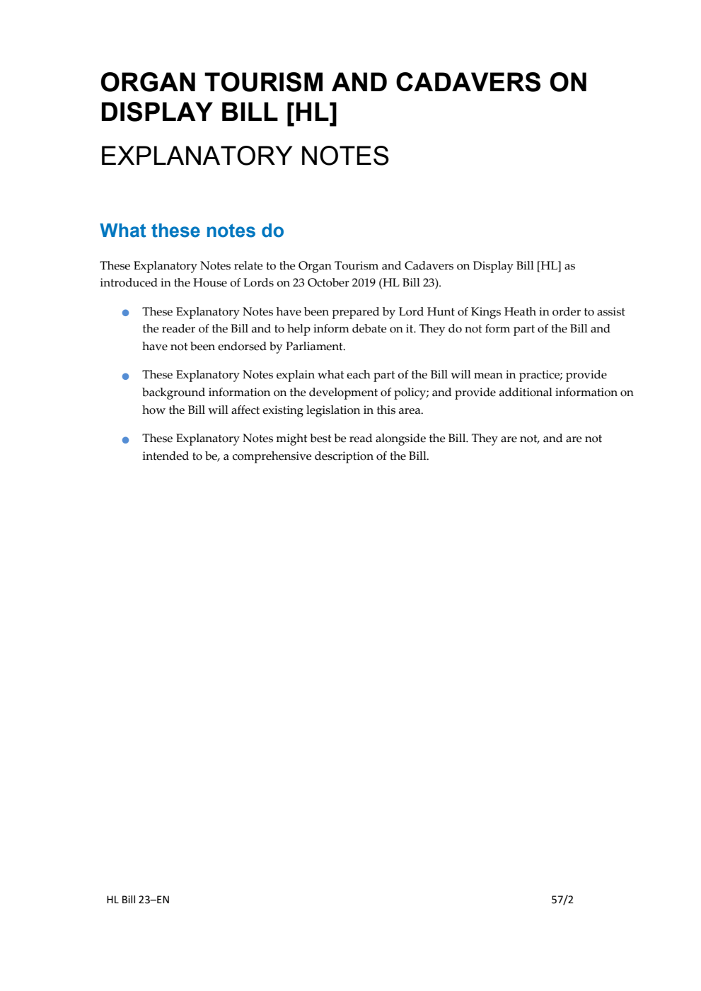 Organ Tourism and Cadavers on Display Bill Explanatory Notes