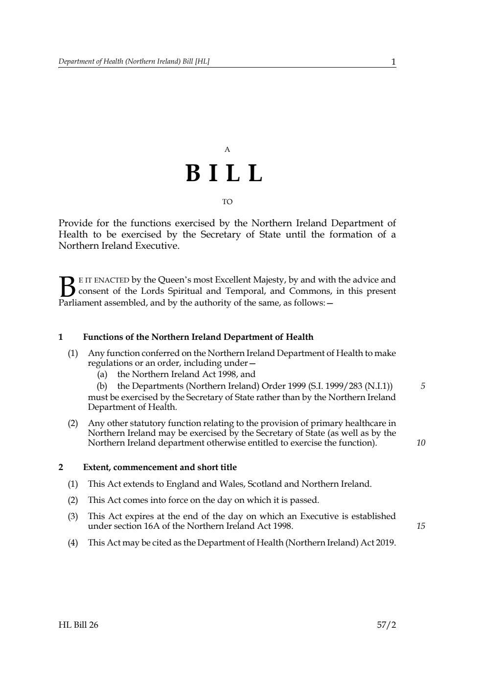 Department of Health (Northern Ireland) Bill