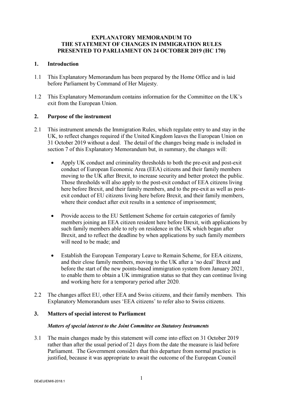 Explanatory Memorandum to the Statement of Changes in Immigration Rules