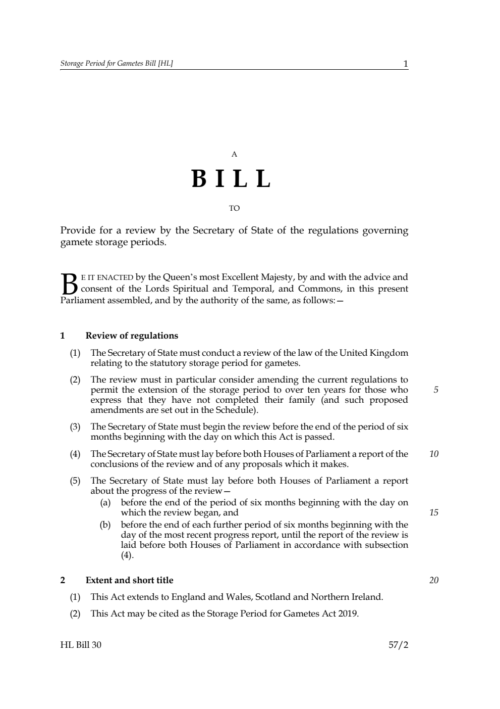 Storage Period for Gametes Bill