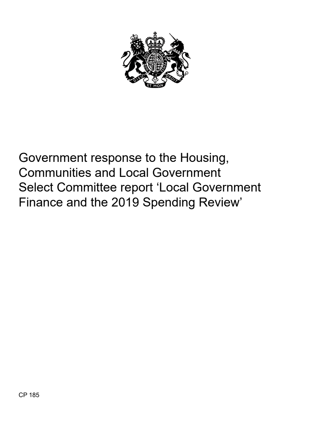 Government response to the Housing, Communities and Local Government Select Committee report ‘Local Government Finance and the 2019 Spending Review’