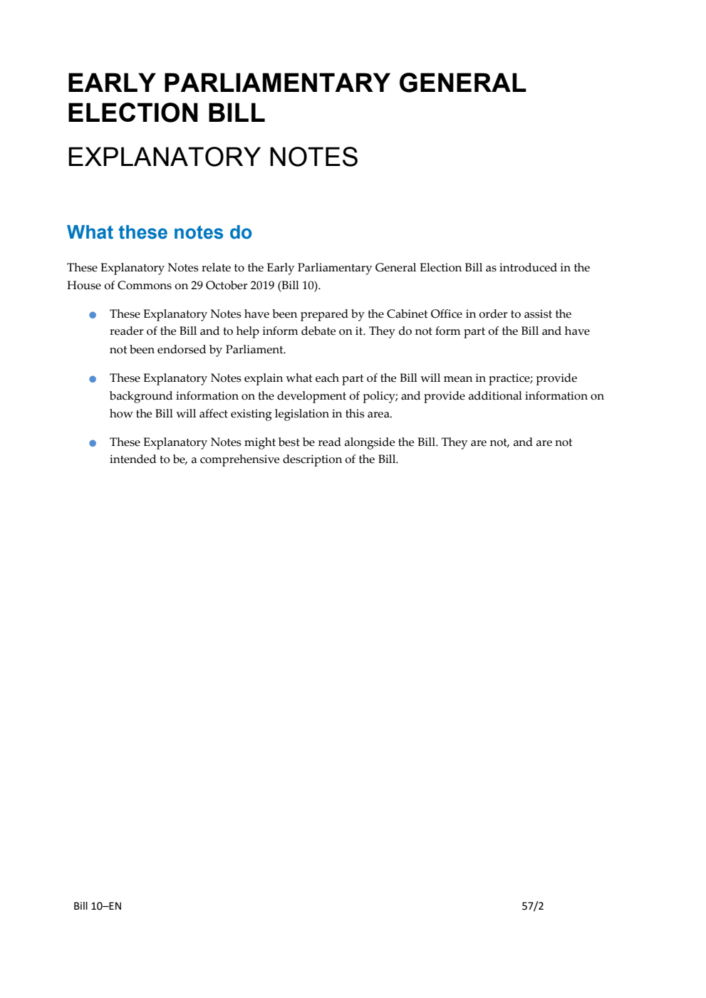 Early Parliamentary General Election Bill Explanatory Notes