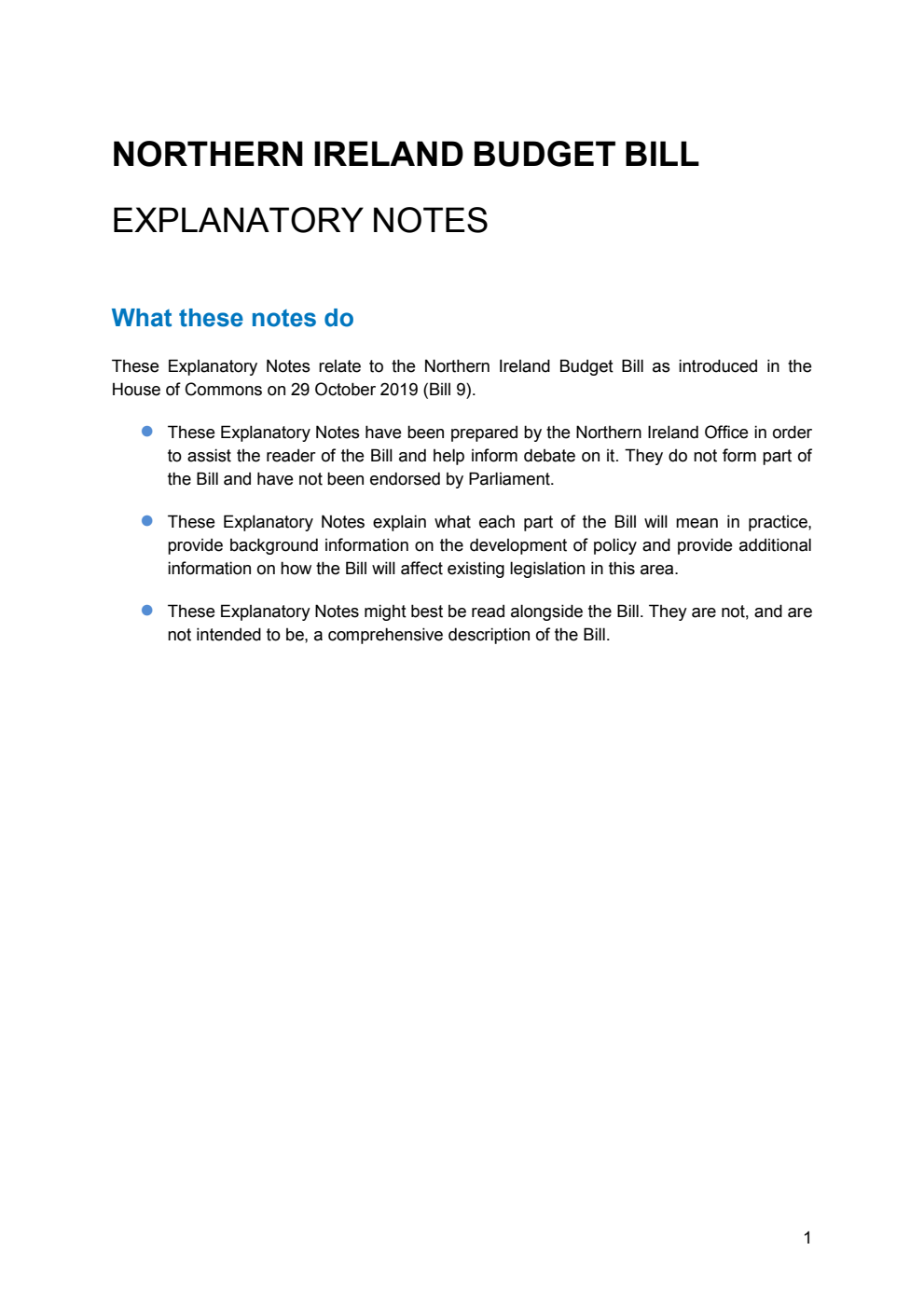 Northern Ireland Budget Bill Explanatory Notes