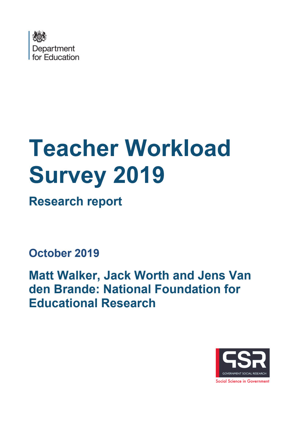 DFE-RR951 Teacher Workload Survey 2019
